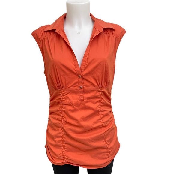 BCBGMAXAZRIA Orange Sleeveless Deep V- Neck Ruched Slimming Top size medium‎ - Picture 1 of 9